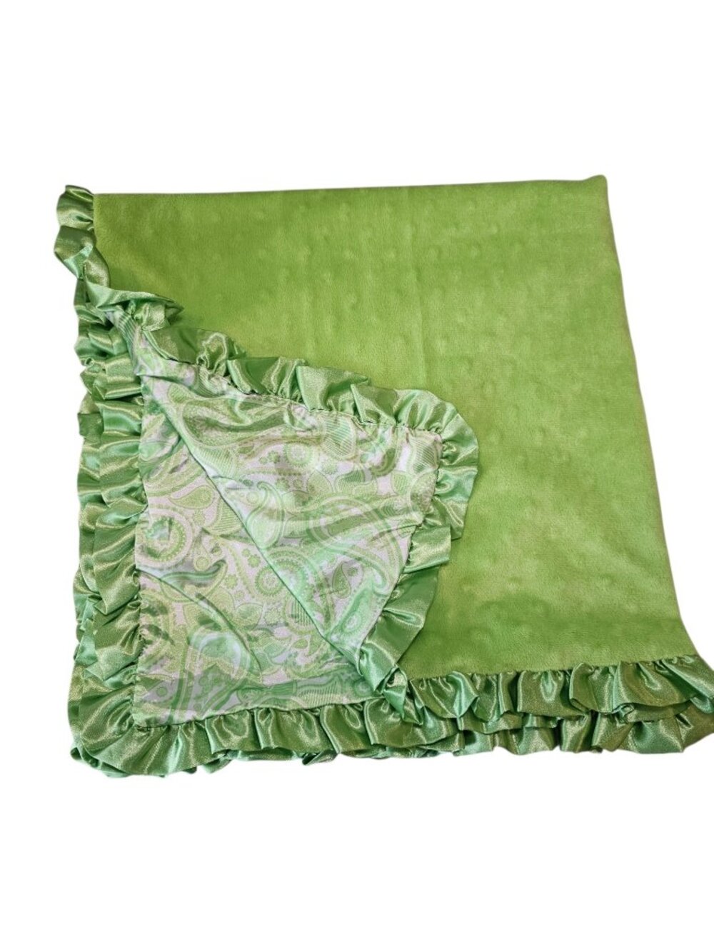 Lime Green Baby Blanket Minky Ruffle Trim Paisley 30 X 30"